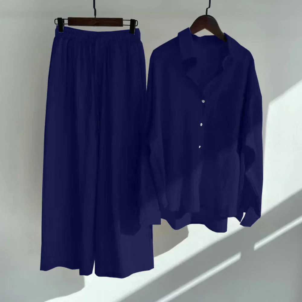Women Chic Comfort Cotton-Linen Shirt And Trousers Co-ord Set