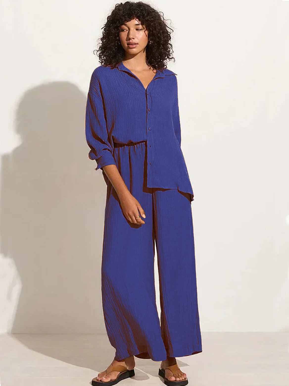 Women Chic Comfort Cotton-Linen Shirt And Trousers Co-ord Set