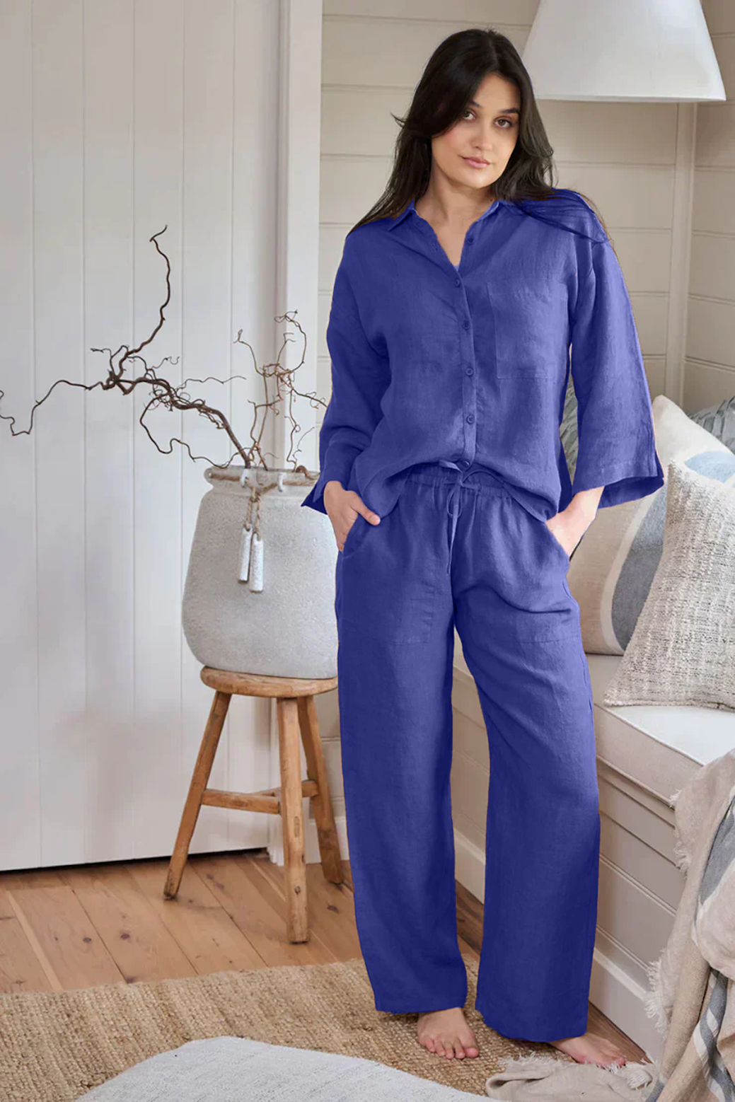 Women Chic Comfort Cotton-Linen Shirt And Trousers Co-ord Set