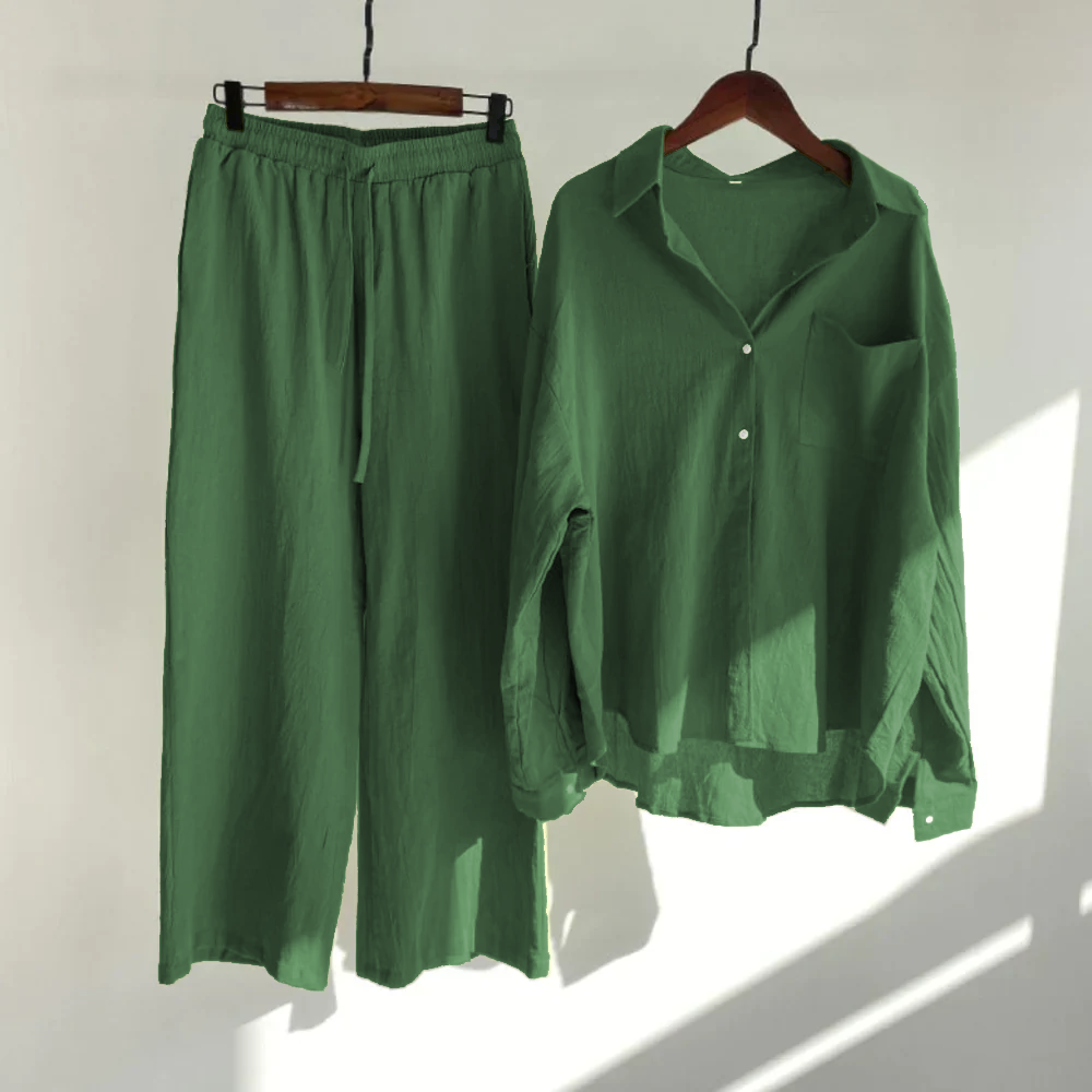 Women Chic Comfort Cotton-Linen Shirt And Trousers Co-ord Set