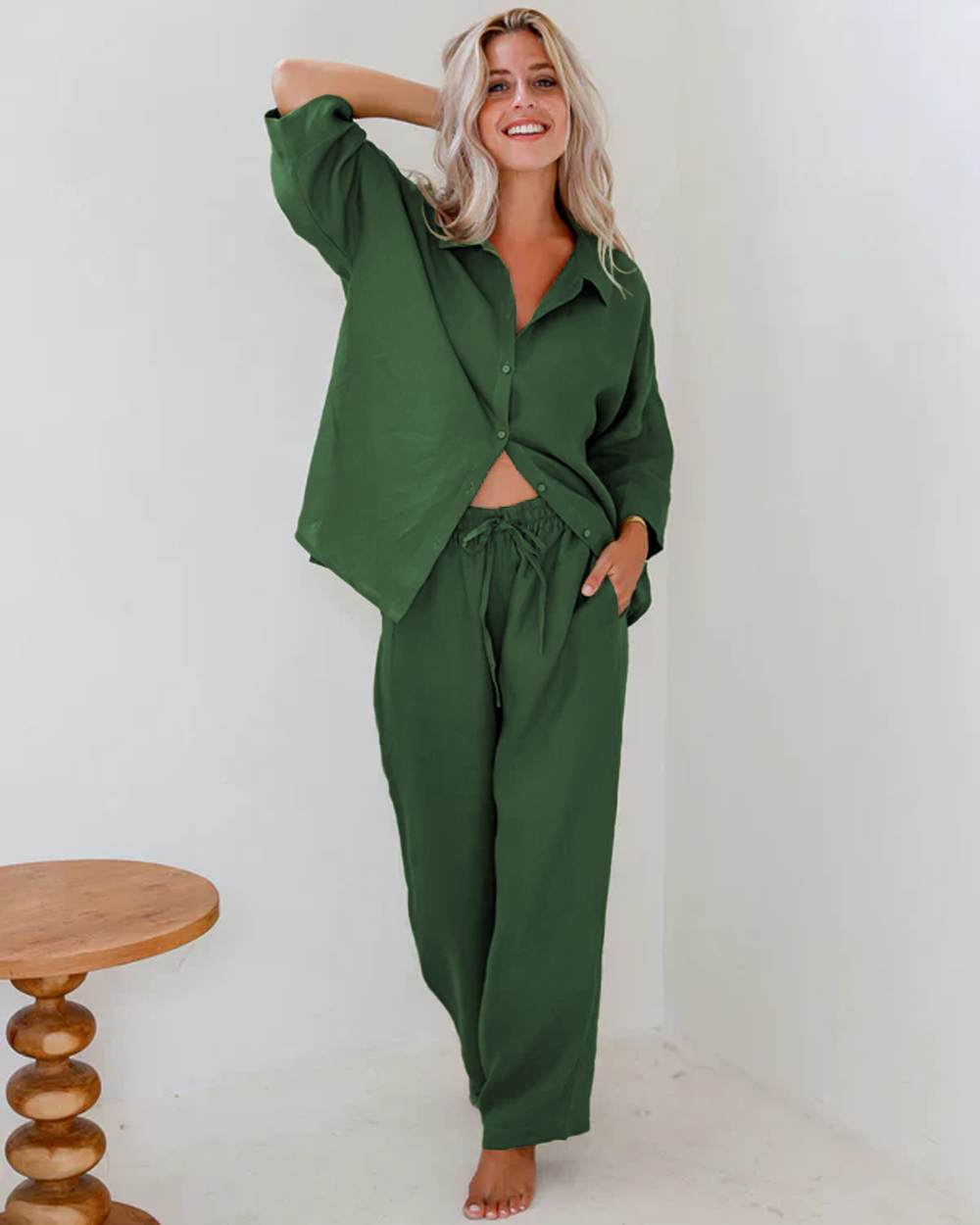 Women Chic Comfort Cotton-Linen Shirt And Trousers Co-ord Set