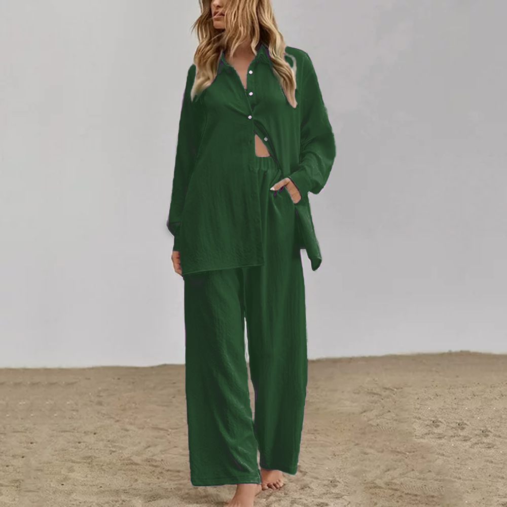Women Chic Comfort Cotton-Linen Shirt And Trousers Co-ord Set