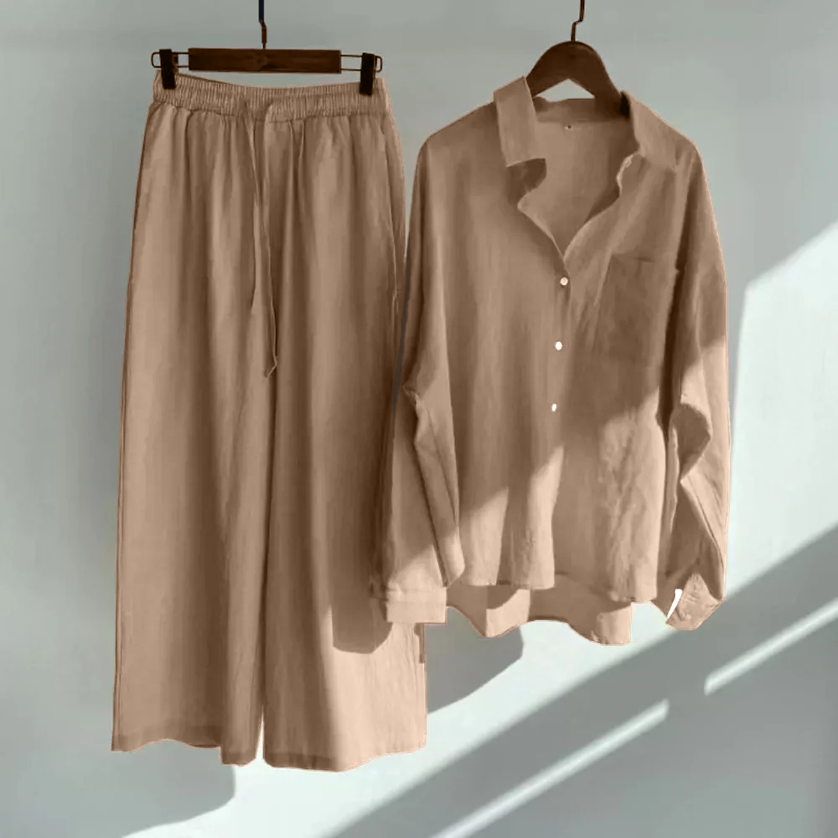 Women Chic Comfort Cotton-Linen Shirt And Trousers Co-ord Set