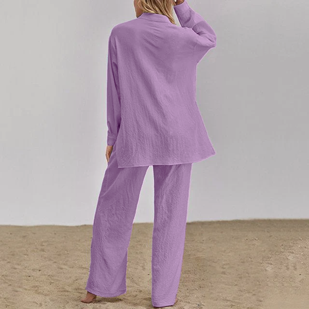 Women Chic Comfort Cotton-Linen Shirt And Trousers Co-ord Set
