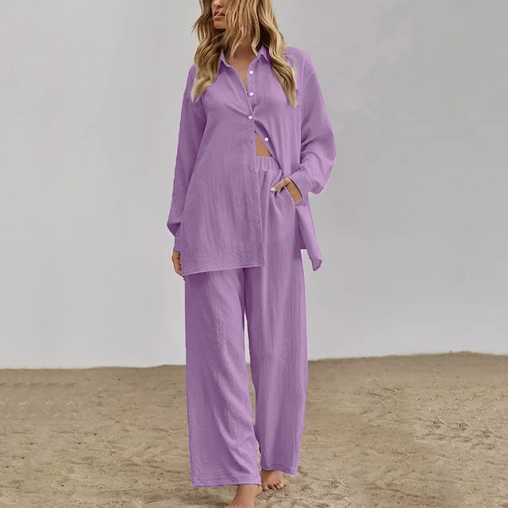 Women Chic Comfort Cotton-Linen Shirt And Trousers Co-ord Set