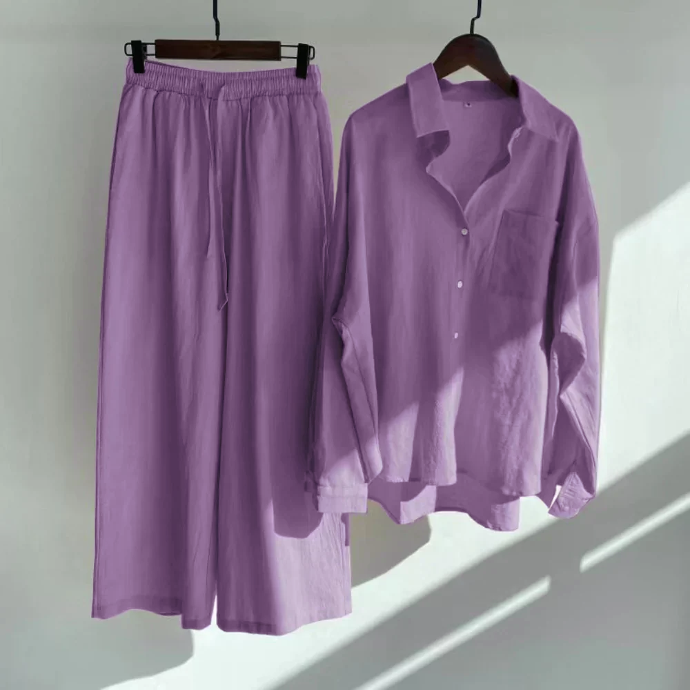 Women Chic Comfort Cotton-Linen Shirt And Trousers Co-ord Set