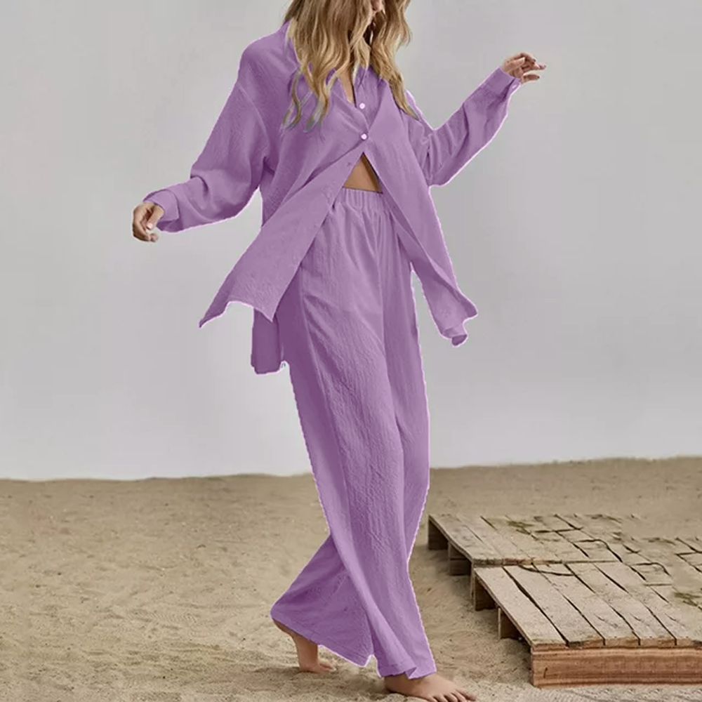 Women Chic Comfort Cotton-Linen Shirt And Trousers Co-ord Set
