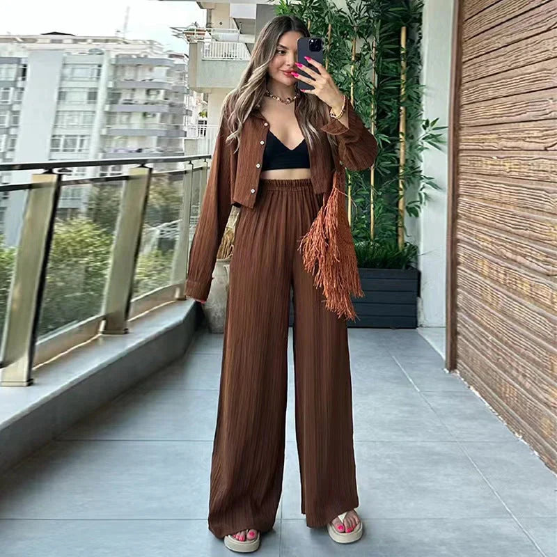 Sollinarry Cross Back Tie Crop Top with Stitching Detail Wide Leg Pants