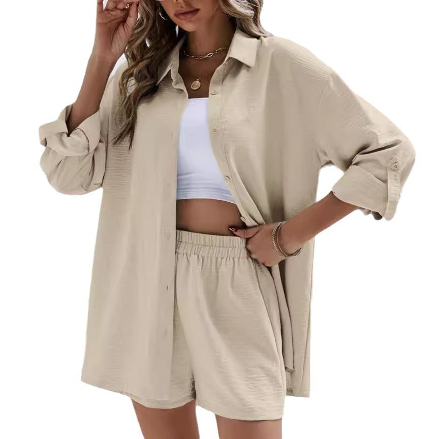 Essence Plus Solid Button Front Shirt Shorts set