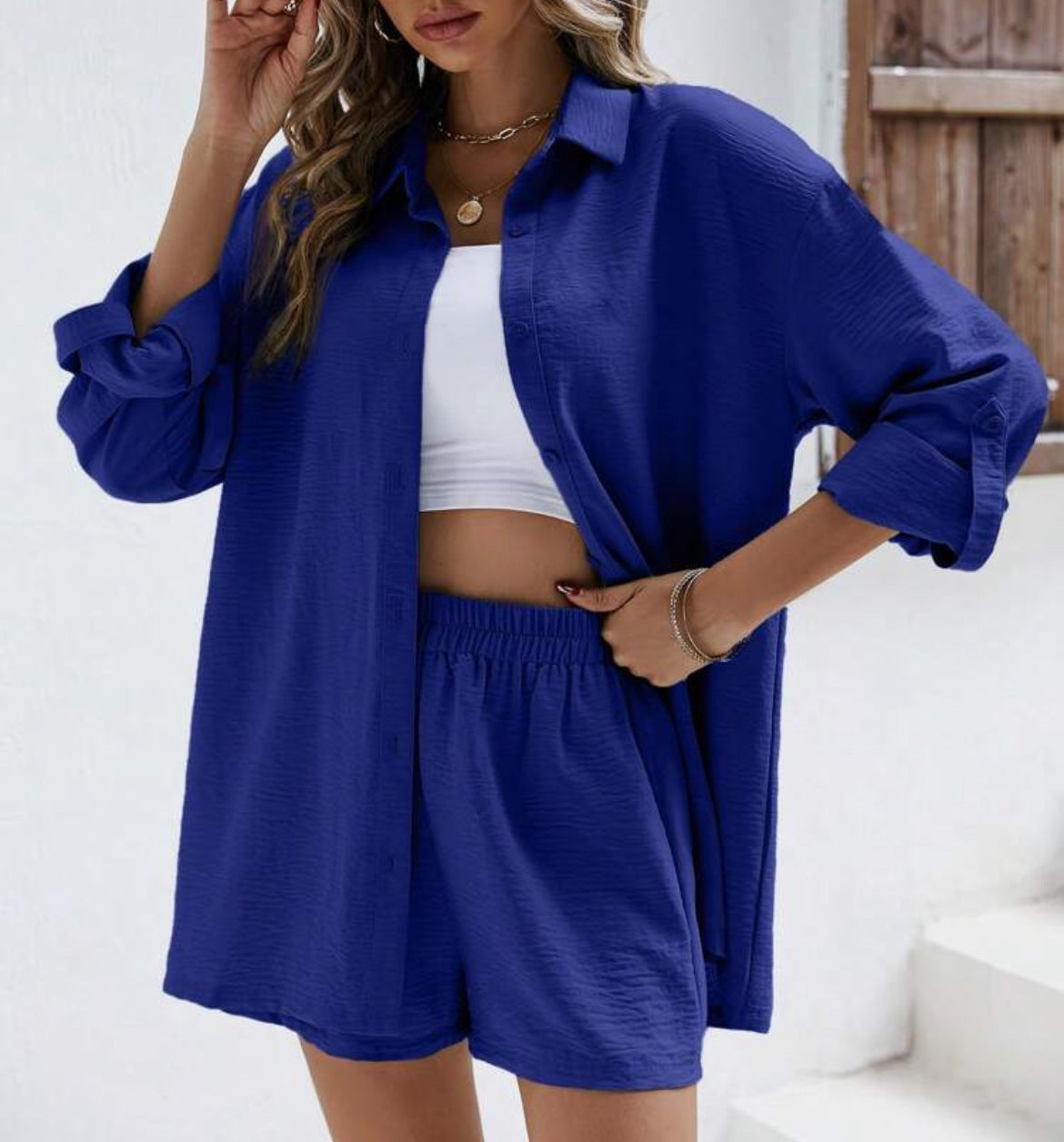 Essence Plus Solid Button Front Shirt Shorts set