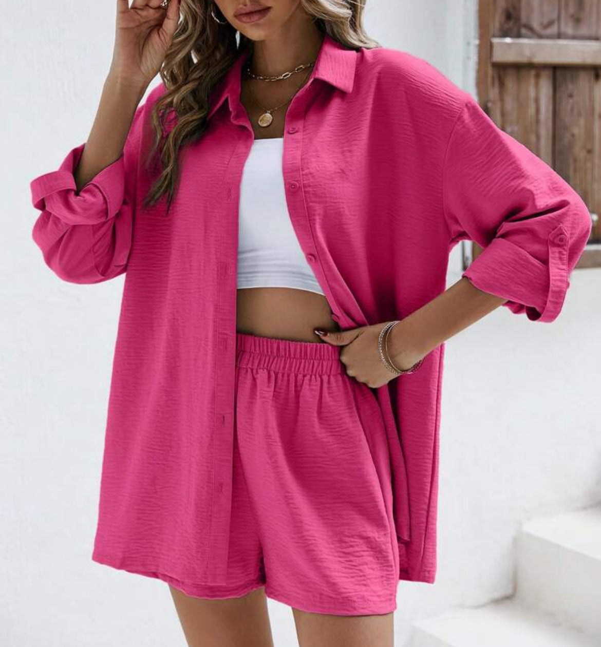 Essence Plus Solid Button Front Shirt Shorts set