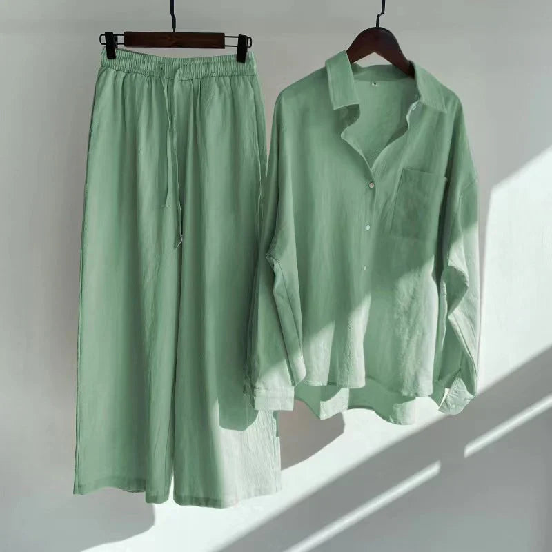 2-Piece Shirt And High-Waist Loose Trousers Set