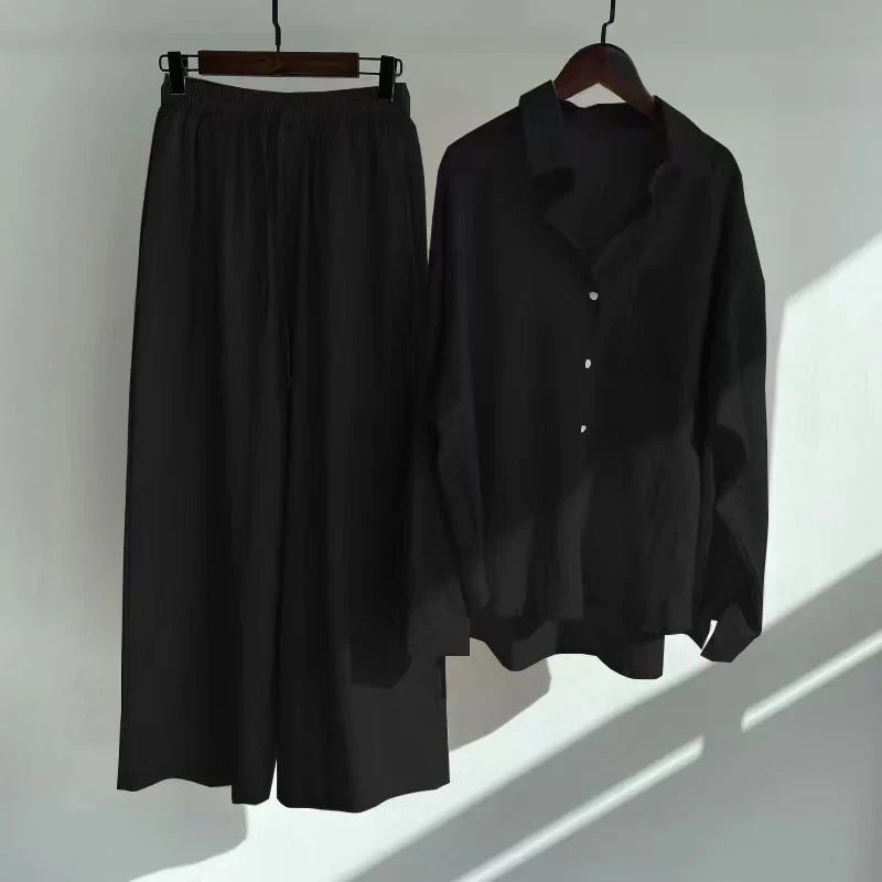 2-Piece Shirt And High-Waist Loose Trousers Set