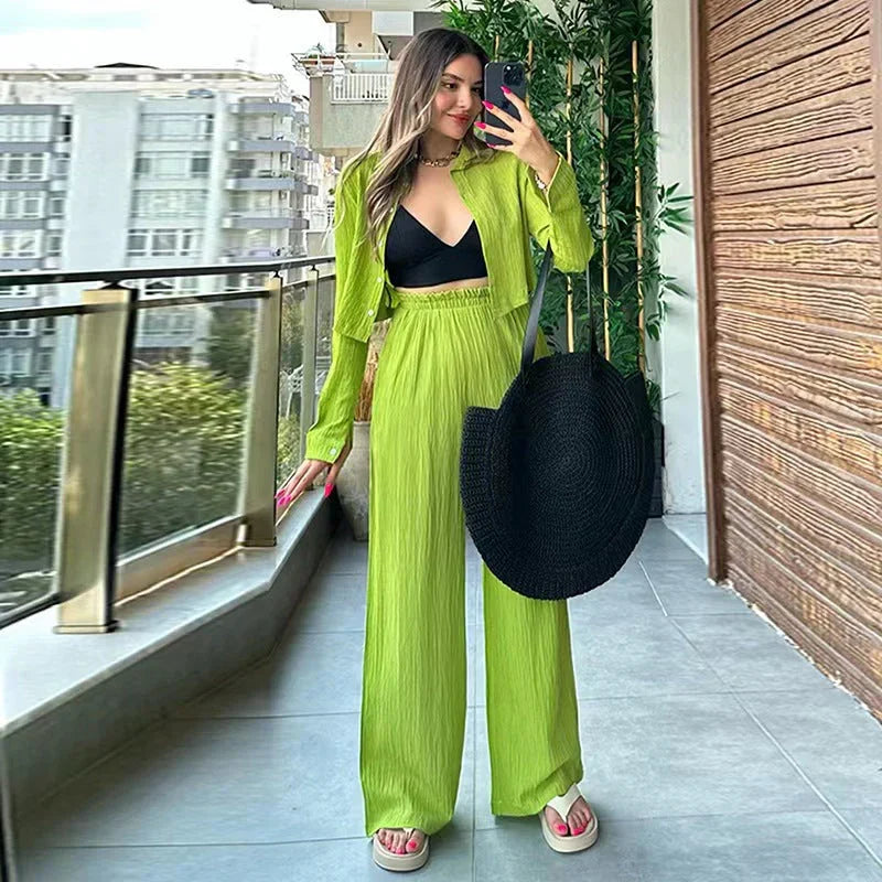Sollinarry Cross Back Tie Crop Top with Stitching Detail Wide Leg Pants