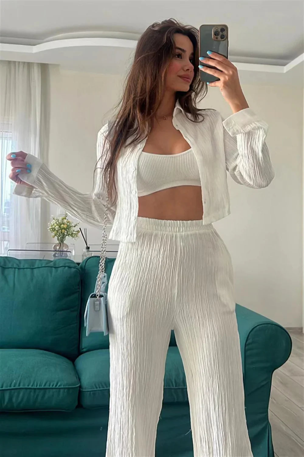 Sollinarry Cross Back Tie Crop Top with Stitching Detail Wide Leg Pants