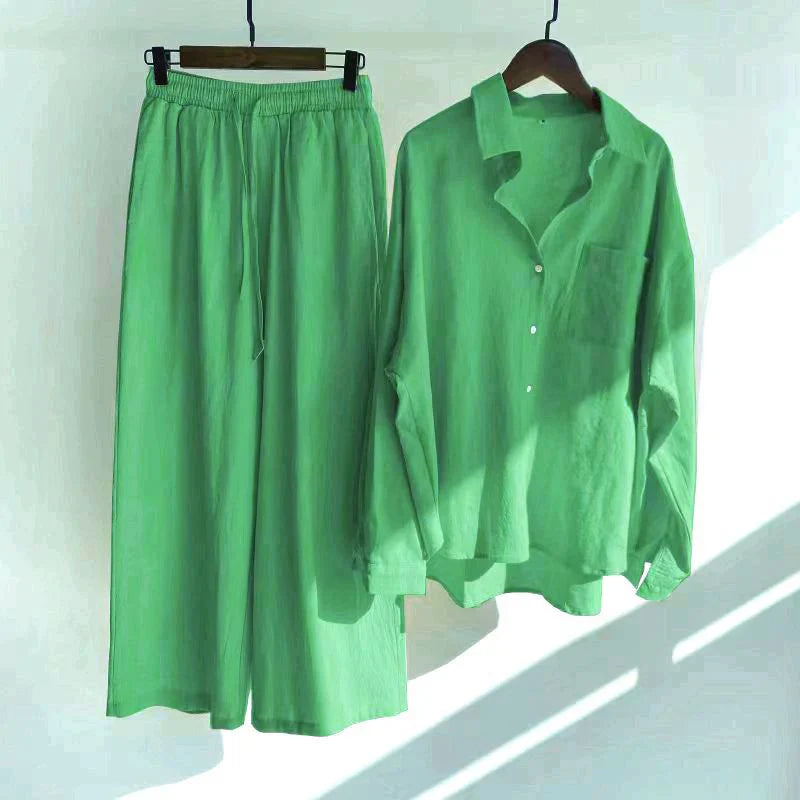 2-Piece Shirt And High-Waist Loose Trousers Set