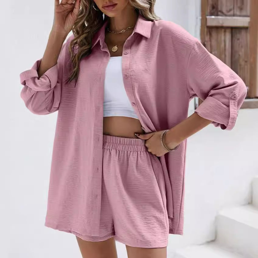 Essence Plus Solid Button Front Shirt Shorts set