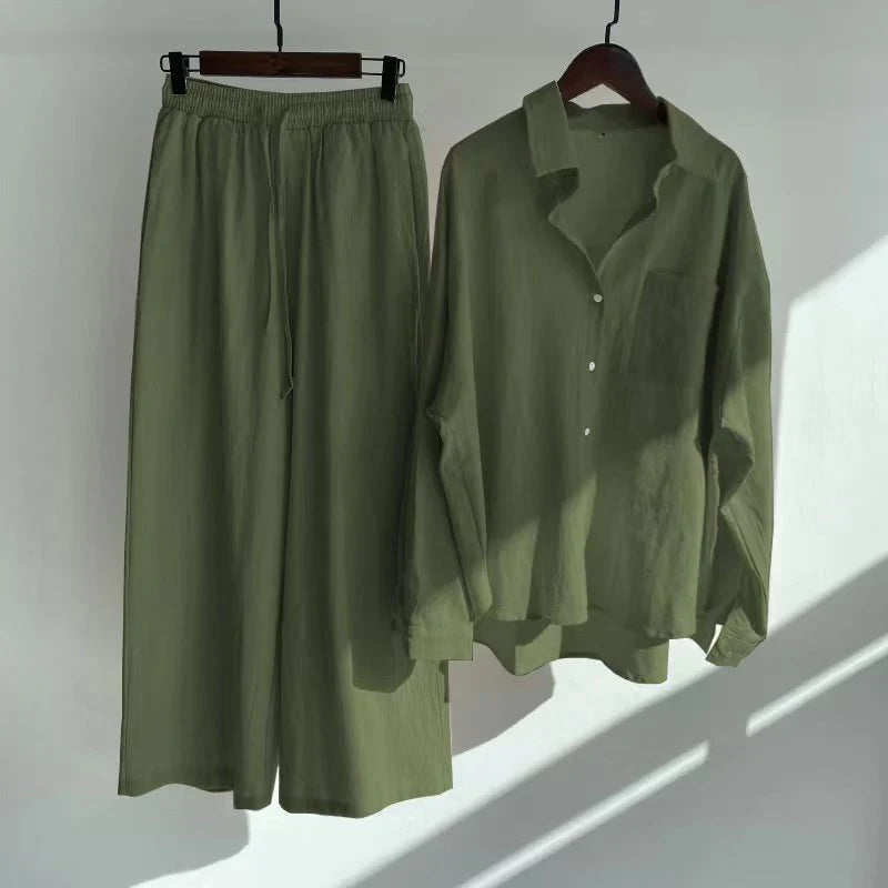 2-Piece Shirt And High-Waist Loose Trousers Set