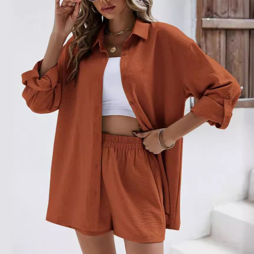 Essence Plus Solid Button Front Shirt Shorts set