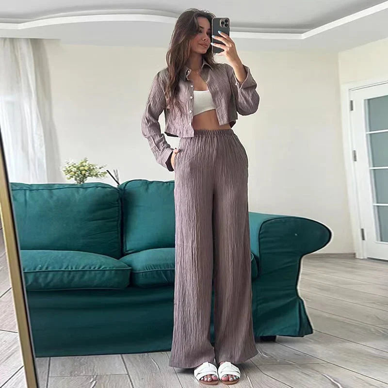 Sollinarry Cross Back Tie Crop Top with Stitching Detail Wide Leg Pants