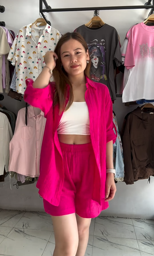 Essence Plus Solid Button Front Shirt Shorts set