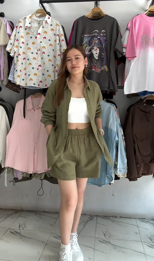 Essence Plus Solid Button Front Shirt Shorts set