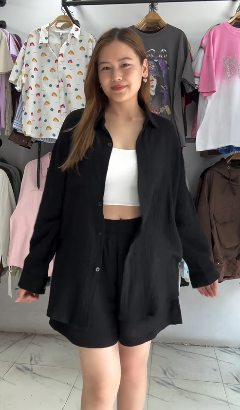 Essence Plus Solid Button Front Shirt Shorts set